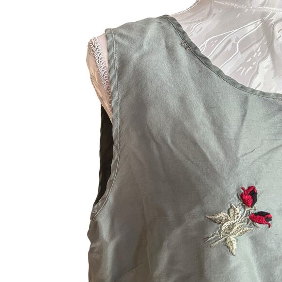 Vintage Sage Red Rose Embroidery Silk Shirt Womens Sz Medium Fall Fairy Feminine - Picture 10 of 16